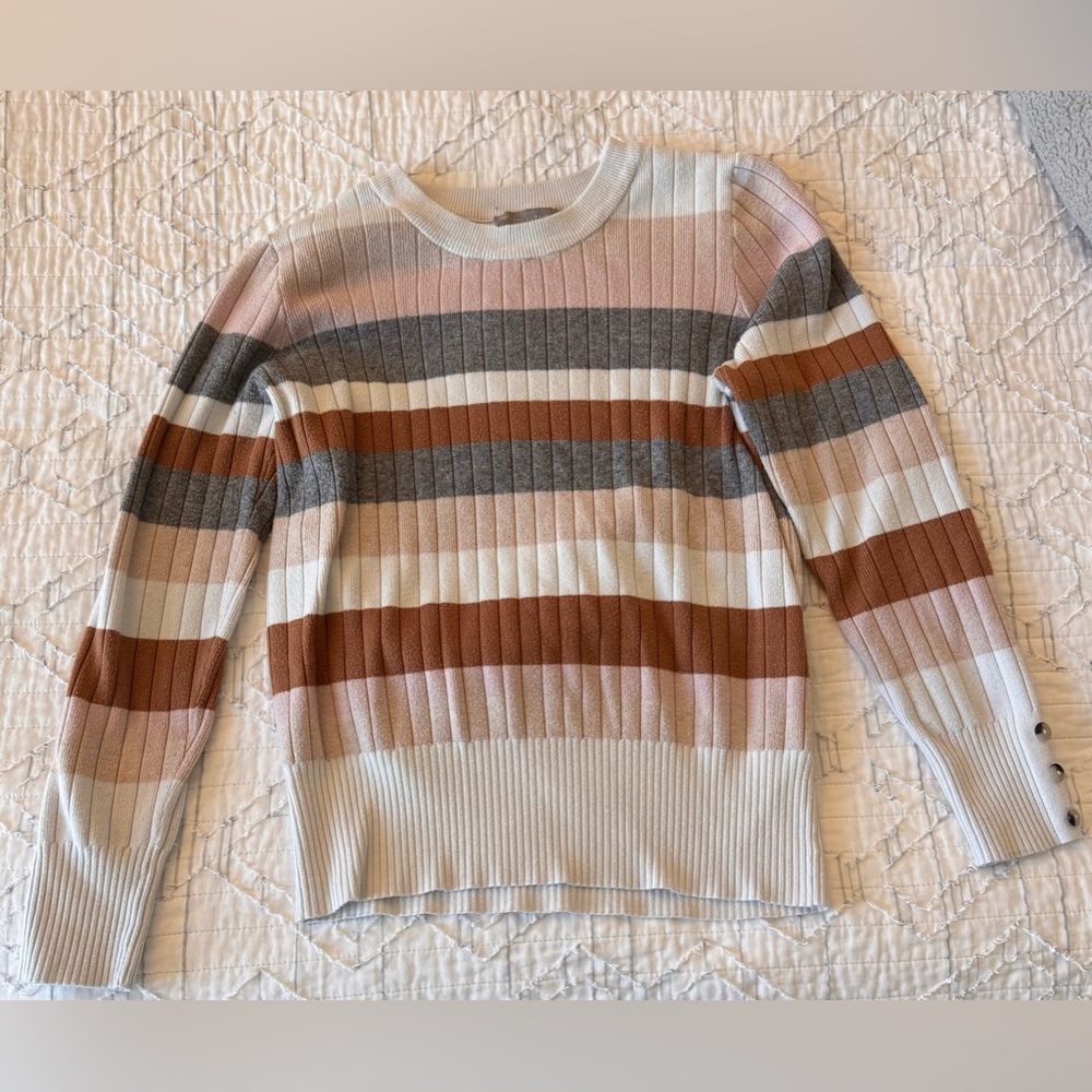 Cream, tan, brown fitted sweater with button detailing